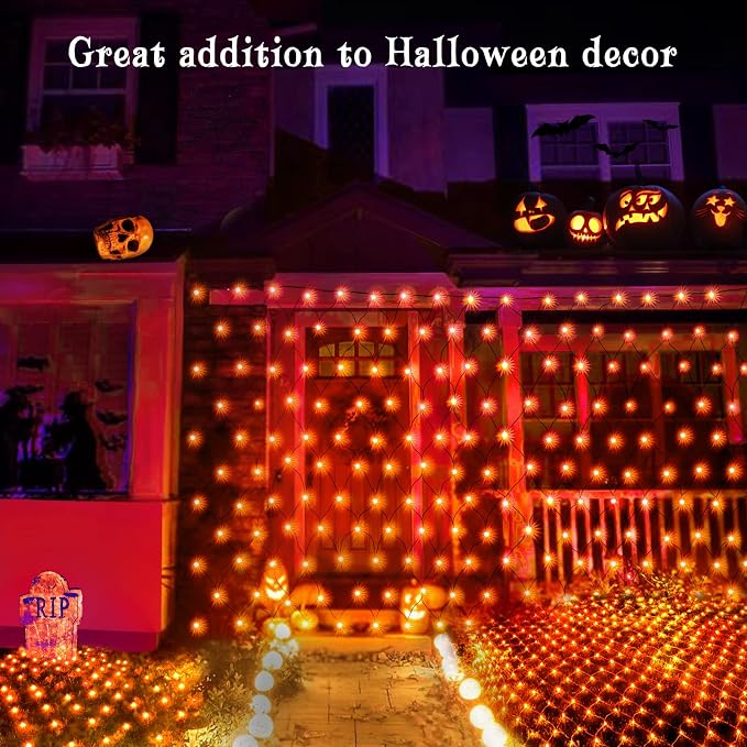 BlcTec Halloween Lights 200 LED 8.4ft x 5.2ft Orange Net Lights with 8 Modes, UL Certified, Timer, Connectable, Waterproof, Dark Green Wire for Trees, Bushes, Shrub, Lawn Halloween Decorations Outdoor