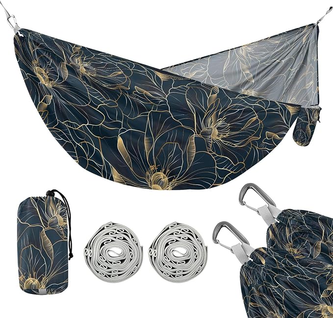 Camping Hammock Outdoor Hammocks for Outside Golden Flower Line Art Beach Trees Portable Lightweight with Pockets Tree Straps Indoor Small