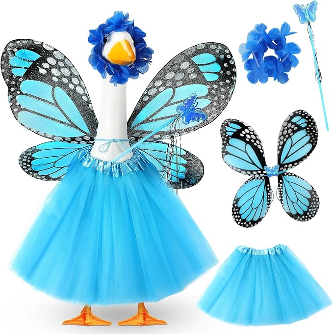 5pcs Butterfly Porch Goose Outfit Costume Tutu Skirt Butterfly Wing Wand Flower Crown for 17‘' 23‘' Cement Goose