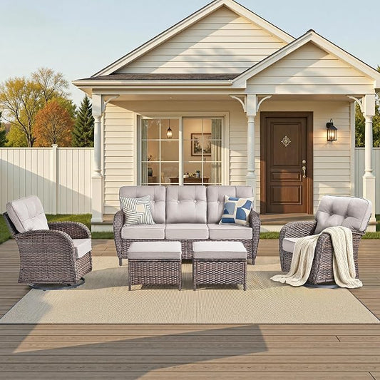 Patio Furniture Set, 5PCS Outdoor Wicker Conversation Set with 5" Thick Cushions, High Back Rattan Sofa & Swivel Rocker Chairs, Weather Resistant Olefin Fabric for Garden, Poolside Brown/Beige