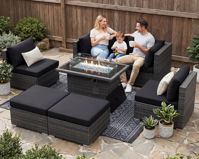 RADIATA 7Pcs Outdoor Patio Furniture Set with Fire Pit, Modern Comfortable Outside Sectional Couch High Back Oversized Wide Deep 6-Seats, Modular All-Weather Heavy Duty Wicker Sofa Set, Grey&Black