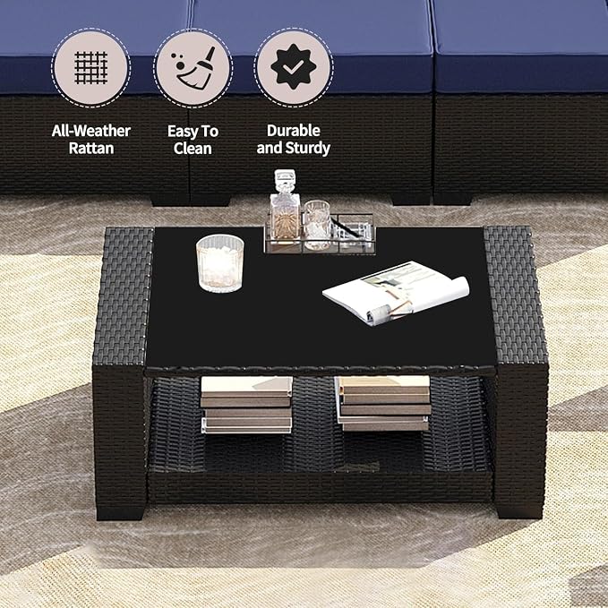 7 Piece Outdoor Patio Furniture Set with Wicker Sectional Sofa, Ergonomic Armrests Couch, Cushions Included and 2-Tier Tempered Glass Coffee Table for Conversation Sets on Deck Backyard Porch