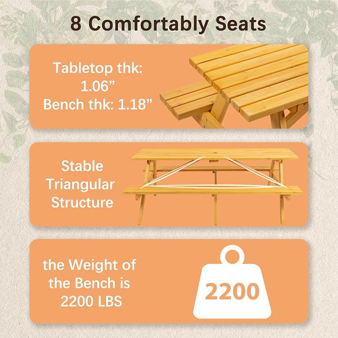 75" Wood Rectangular Picnic Tables with Benches and Umbrella Hole, Classic Picnic Table Bench Set for 6 or 8 Person for Outdoors, Backyard, Porch, Patio, and Deck, 2220lb Capacity,Natural