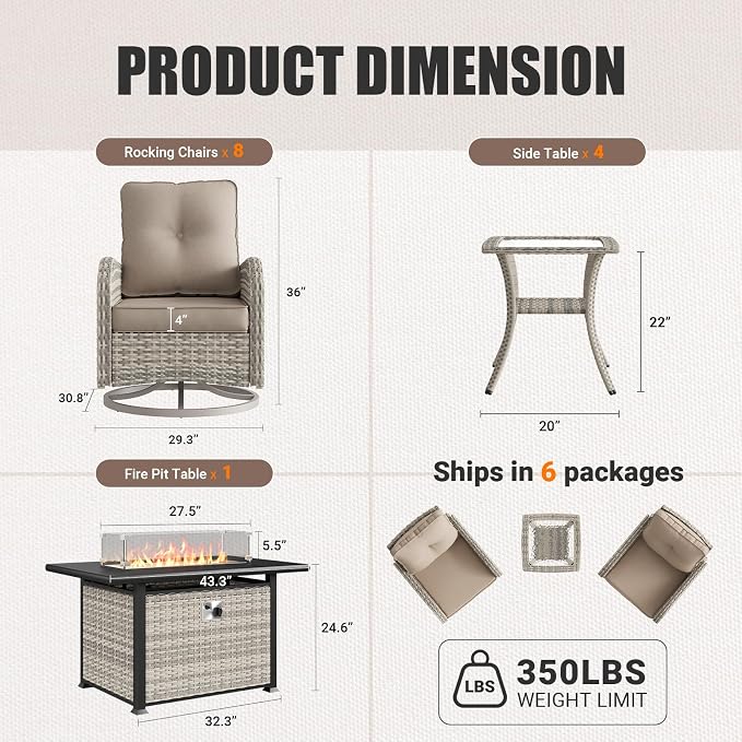 13Pcs Patio Rocking Swivel Chair with 55,000 BTU Fire Pit Table Outdoor Wicker Rattan Bistro Set with Tempered Glass Side Table, Outdoor Patio Furniture Set for Garden and Balcony, Beige