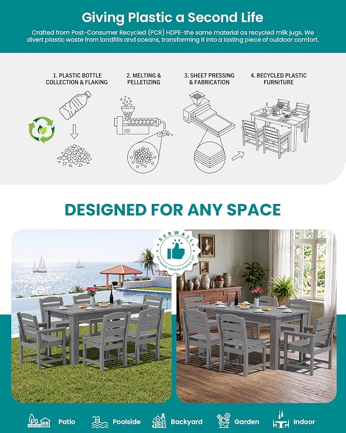 SERWALL 59" HDPE Outdoor Dining Set for 6, w/ 1 Table & 6 Chairs, Gray | Armless Patio Dining Sets for All Weather Use