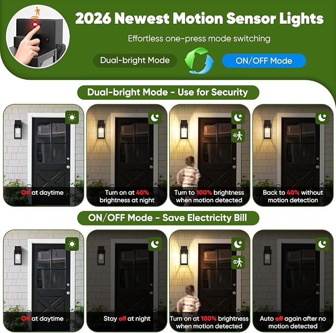 Upgraded Motion Sensor Outdoor Wall Light with Outlet, Black | UL-listed Extra Power Socket, Auto ON/OFF, 3 Lighting Modes, Waterproof, Rust-Resistant, Durable Metal & Clear Glass