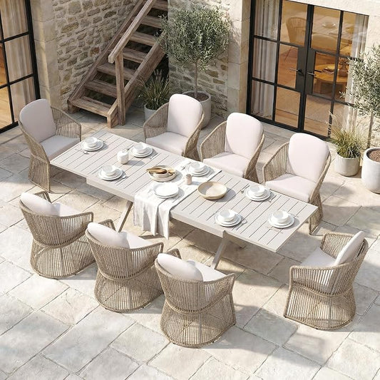 SUNSITT 9 Piece Outdoor Patio Dining Set, 65" - 107" Metal Expandable Outdoor Dining Table with X-Shape Legs, 8 Woven Wicker Outdoor Patio Chairs w/Curved Armrest for Garden, Beige
