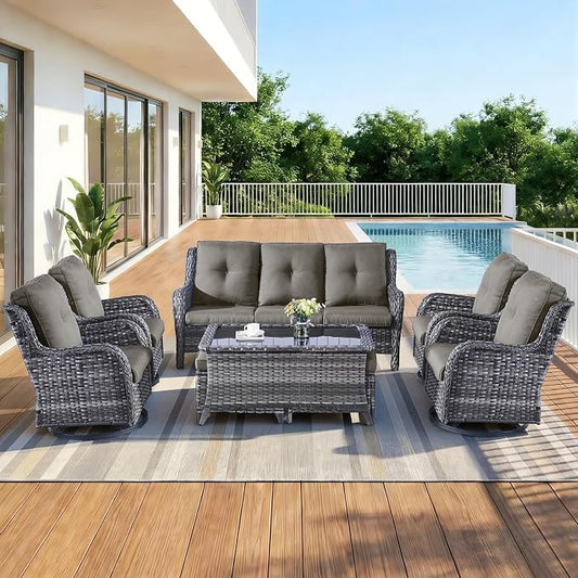 8 Piece High Back Wicker Patio Furniture Set - Patio Conversation Set with 4 Inch Thick Cushions and Deep Seating Swivel Glider Chairs Set of 4 & Outdoor Couch for Porch Deck Yard Pool