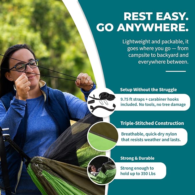 Bliss Hammocks BH-406XLS-N-FG Hammock in a Bag w/ Mosquito Net & Adjustable Tree Straps, 54-in. Wide, Weather & UV Resistant, 350 Lb. Capacity (Forest Green)