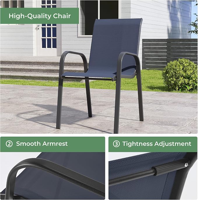 Outdoor Dining Set for 6, Patio Dining Set with Textilene Dining Chairs, Metal Dining Table with Umbrella Hole, Stackable Outdoor Chairs for Garden, Patio, Poolside and Backyard, Navy Blue