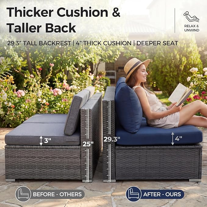 NICESOUL 11 Piece High-End Outdoor Furniture Set, 29.3'' High Back Big Size Wicker Patio Sectional, Wide Deep Comfy Conversation Sofas for Garden Deck Backyard Porch, 2 Color Cushion Navy & Grey