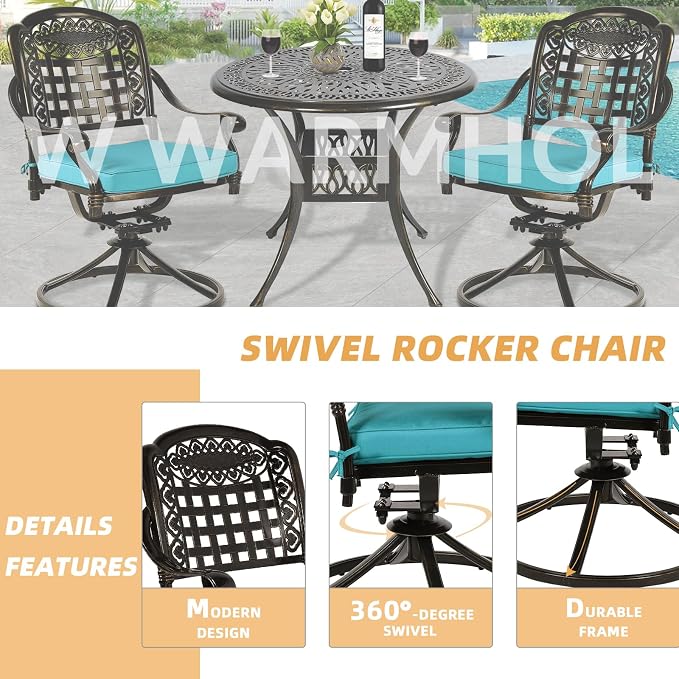 5 Piece Patio Dining Set, Outdoor Table and Chairs Set for 4 Cushioned Swivel Rocking Chairs and 35.4'' Round Table, All-Weather Cast Aluminum Patio Funiture Set, 2'' Umbrella Hole, Blue