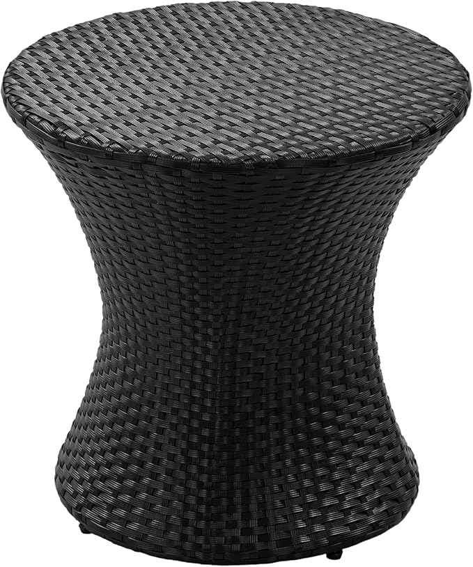 Outdoor Wicker Side Table, Lightweight & Water-Resistant All-Weather, Small Rattan End Table Hourglass Shape Wicker Patio Table, for Patio Porch Living Room, Black