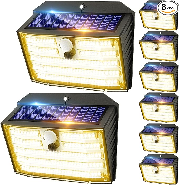 CLAONER Solar Lights Outdoor [𝟖 𝐏𝐚𝐜𝐤/126 LED], Wireless Motion Sensor Lights, IP65 Waterproof Security Lights 3 Modes, 270° Lighting Angle, Ultra-Bright Wall Lights for Deck Patio Fence Garage