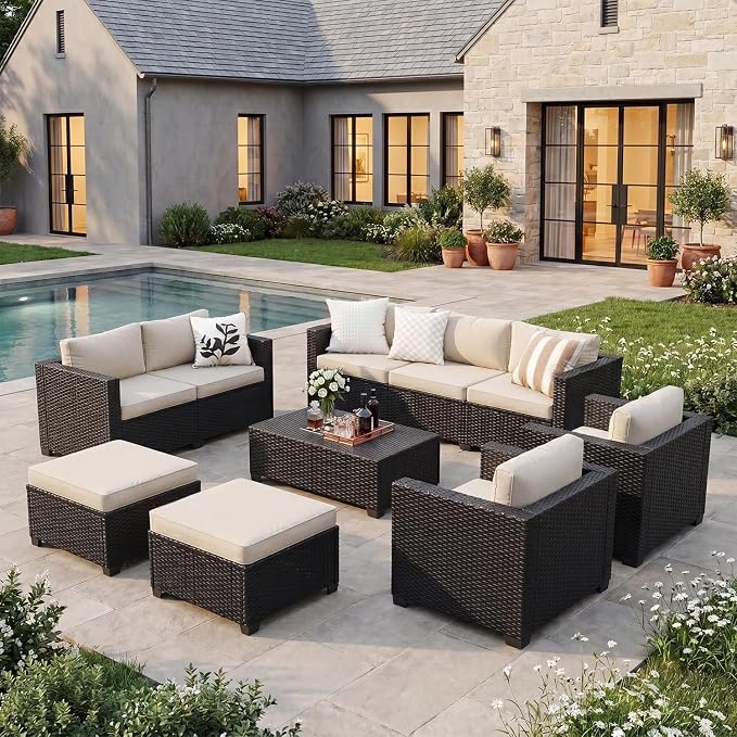 LazySunsets 7-Piece Outdoor Patio Furniture Set, Rattan Outdoor Sectional with Thick Waterproof Cushions, Wicker Ottomans & Waterproof Cover, Patio Conversation Set for Garden, Backyard, Beige