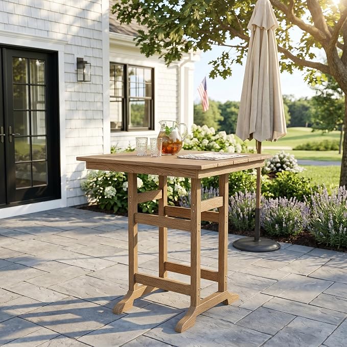 GarveeLife Outdoor Counter Height Bar Dining Table, HDPE Wood Grain Tall Bar Table – 39.6" High Square Pub Table, Cocktail Bistro Table Fits, for Patio, Garden, Poolside, Balcony & Yard (Brown)