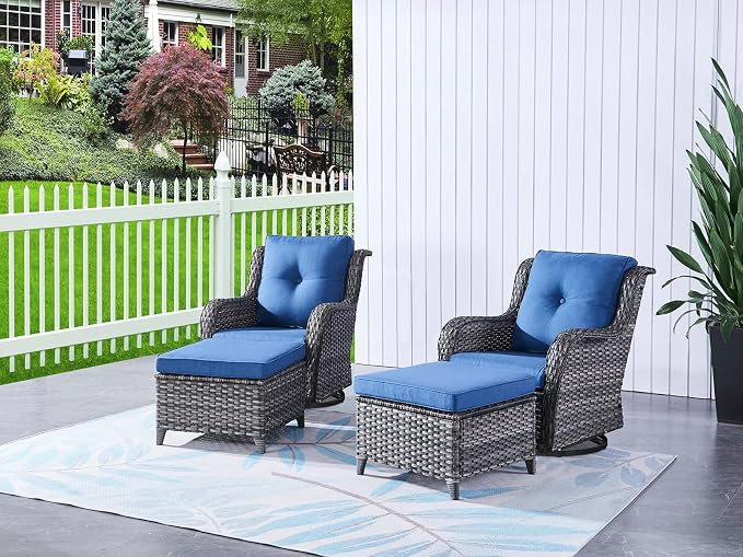 HUMMUH 5 Pieces Outdoor Furniture Patio Furniture Set Wicker Swivel Patio Chairs with 2 Seater Outdoor Sectional Sofa/Patio Loveseat with Ottomans