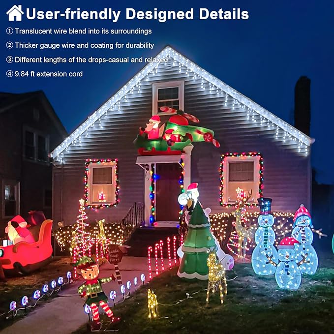 White Christmas Lights Outdoor 99ft 1216LED Icicle Lights Twinkle Xmas | Plug in Clear Wire Timer Waterproof 8 Modes for House Eaves Patio Yard Porch Wall Garden Exterior Holiday Decorations