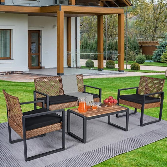 Merax 4 Pcs Patio Furniture Set, Outdoor Acacia Wood Table with 3 Chairs, All-Weather Garden Balcony Backyard Lawn Conversation Set (Black and Light Brown)