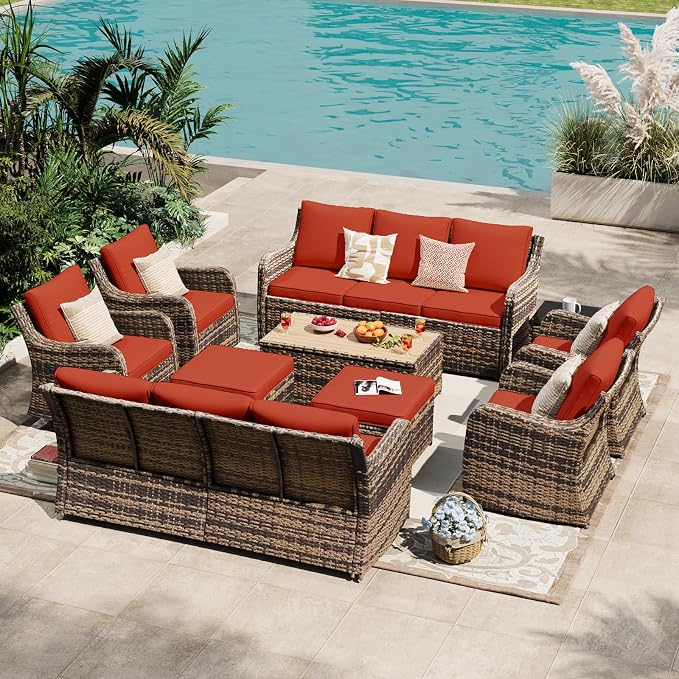 MEISSALIVVE Outdoor Patio Furniture Set with Swivel Chair, 10 Pieces Patio Conversation Set, Patio Sectional Furniture Set with 2 Three-seat Sofa, 2 Fixed Single Chair and Coffee Table (Red)