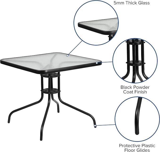 Flash Furniture Brazos Series 5-Piece Glass Patio Table and Chairs Set, Outdoor Patio Dining Set with Square Table and 4 Sling Patio Chairs, Black