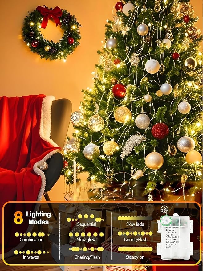 33FT 50 LED Fairy Lights Battery Operated with Remote and Timer Warm White | Remote Control, 8 Modes, Timer, Adjustable brightness, Waterproof Lights for Indoor Outdoor Classroom Christmas Decor