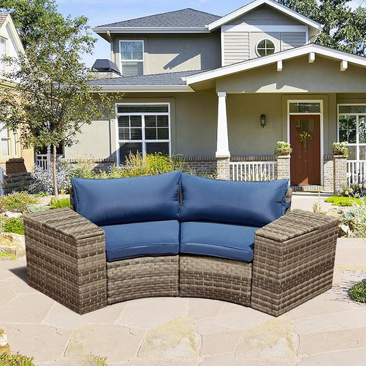 ECOTOUGE Patio Furniture Set, 4 Piece Half-Moon Sectional Round Patio Furniture Set, Wicker Cushion Sofa with 2 Storage Side Table for Pool Backyard Patio Garden(Blue)