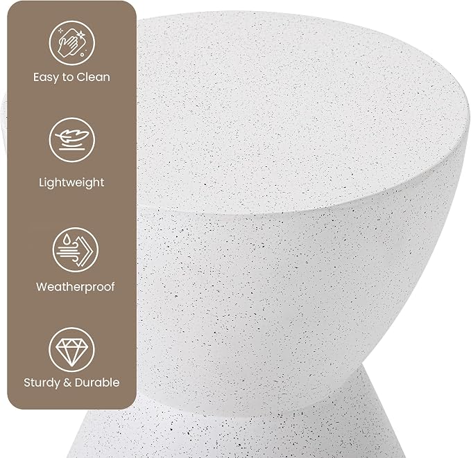 HOMPUS Outdoor Side Table Hourglass Shaped, Concrete End Table, Round Drum Patio MgO Coffee Lightweight Table, Modern Garden Planter Stand for Indoor Outdoor Use, Spotted White