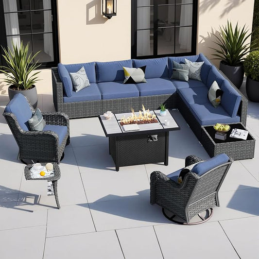 HOOOWOOO Outdoor Patio Furniture with Fire Pit Set 11 Pieces Patio Set with Fire Pit Wicker Outdoor Furniture with Fire Pit Table Set Patio Sectional Set with Swivel Chairs,Denim Blue