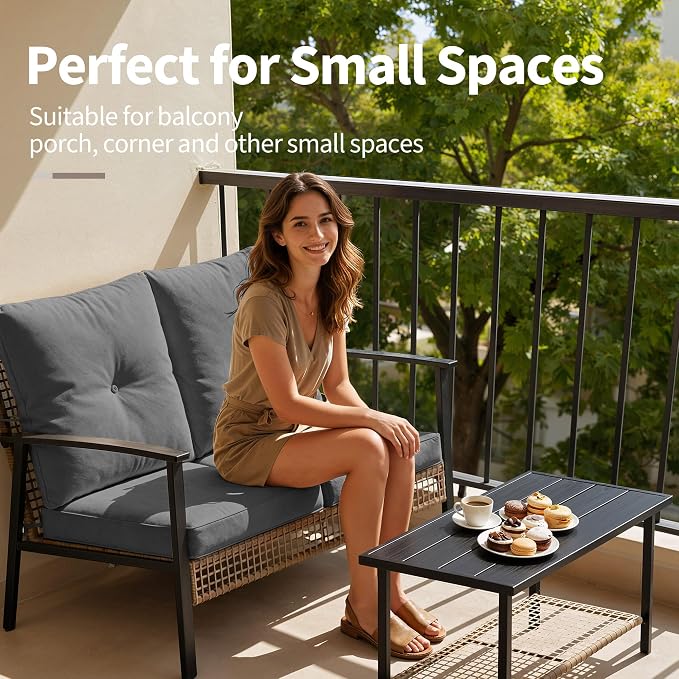 Deersky 4 Piece Outerdoor Patio Furniture Set, All-Weather Modern PE Wicker Rattan Conversation Set with 4" Cushions for Comfortable, Easy to Assemble, Dark Grey