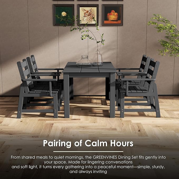 GREENVINES 7 Piece HDPE Outdoor Patio Dining Set, Removable Armrests, Black