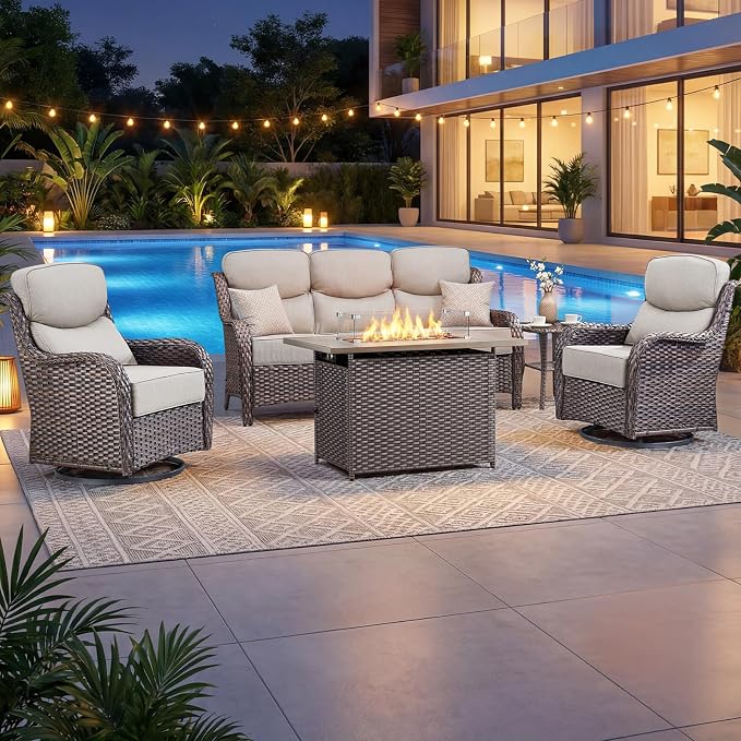 Luxury Patio Furniture Set with 6-inch Thick Cushion, Outdoor Furniture with Fire Pit Table, Swivel Chairs, Side Table, Sofa, 5pcs Wicker Conversation Set for Deck Yard (Brown Wicker | Beige Cushion)