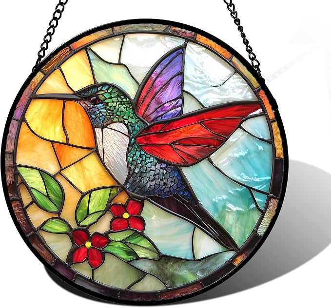 DASTOLL Stained Glass Window Hanging, Hummingbird Gifts Sun Catchers Diamond Glass Panel Hangings Birds Suncatcher Decor for Birthday for Women, Men, Wife, Aunt, and Mom 6.3 in