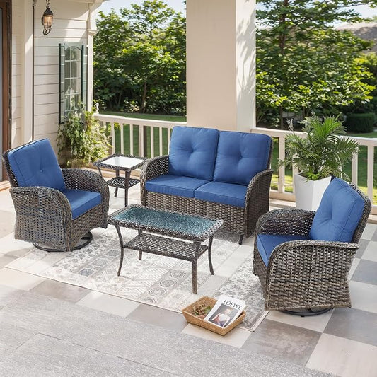 5-Piece Modern Wicker Patio Furniture Set - Outdoor Rocking Chairs, Glider Bench, Coffee Table - Brown/Blue