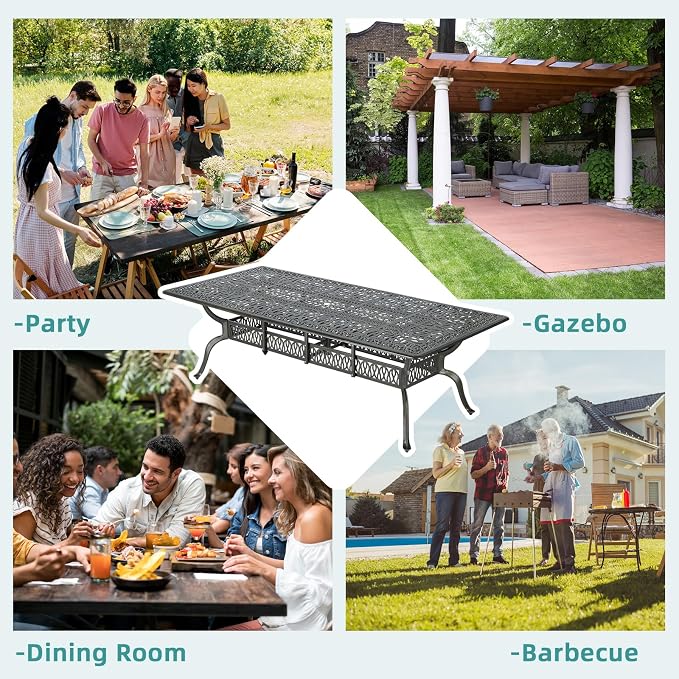 MEETWARM Outdoor 94.5" Rectangle Patio Dining Table, All Weather Cast Aluminum Large Patio Furniture Table Fits for 8-10 Person with 2" Umbrella Hole for Garden Backyard Lawn, Dark Bronze