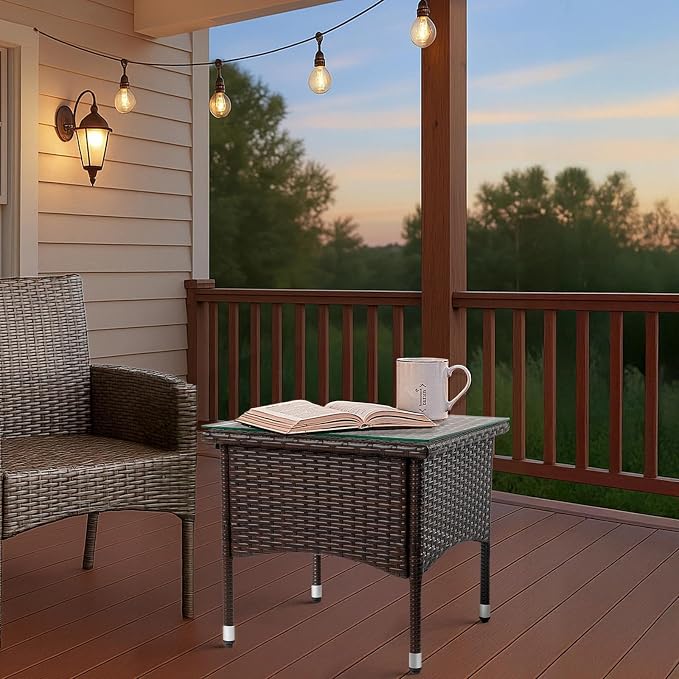 HOMSUPPLIE'S Outdoor Side Table, Patio Wicker End Table with Tempered Glass Top, Rattan Coffee Table for Balcony, Porch, Deck & Poolside, All-Weather(Brown,Tempered Glass sty.1)