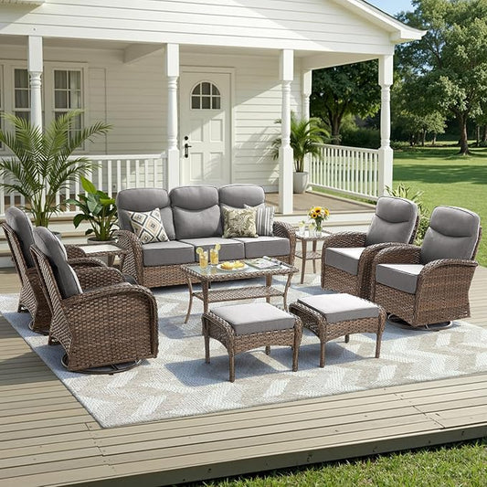 10 Pieces Luxury Outdoor Patio Furniture Set with 6-Inch Thick Cushions, Wicker Outdoor Furniture with High Back Swivel Patio Chairs Set of 4, Wicker Conversation Set for Deck Garden Porch, Gray