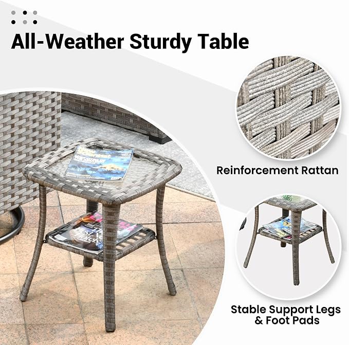 ovios Outdoor Side Table with Tempered Glass Top, Patio Wicker Rattan Bistro Coffee Tables with 2 Tiers Storage for Porch Deck Balcony Garden Poolside, Light Grey