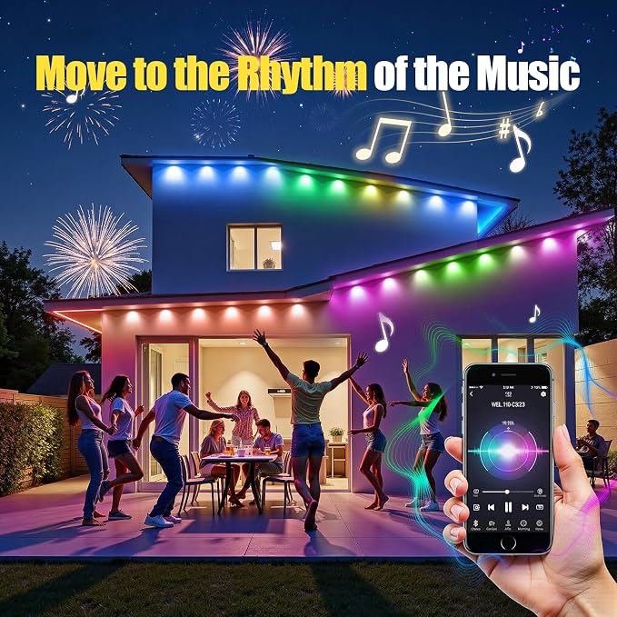 Permanent Outdoor Lights for House 100ft RGB+IC Eave Lights | IP67 Waterproof Smart LED Outdoor Lights with 16M Colors, App/Remote Control for Christmas, Halloween, Daily, Party