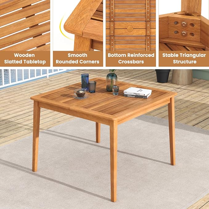 HAPPYGRILL Outdoor Acacia Wood Dining Table for 4 People, 40” Square Patio Bistro Table with Built-in Umbrella Hole, Deck Table for Porch, Garden, Backyard