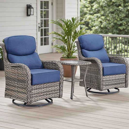 Rilyson Outdoor Patio Furniture Set - Weather Resistant Wicker,High Back,6 inch Cushions,3 Piece Patio Bistro Set with Swivel Rocker Chairs and Side Table for Deck Porch Yard,Mixed Grey/Blue