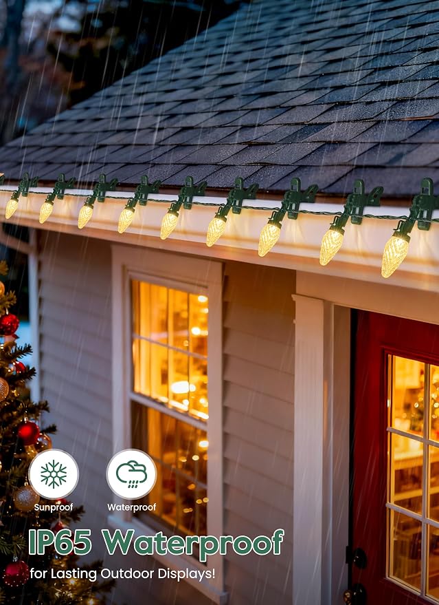 C9 Christmas Lights Outdoor, 102FT 150 LED String Lights with Spring Clips | Waterproof Connectable Commercial Grade Christmas Tree Lights for Outside Roofline Patio Yard Home Xmas Decor, Warm White