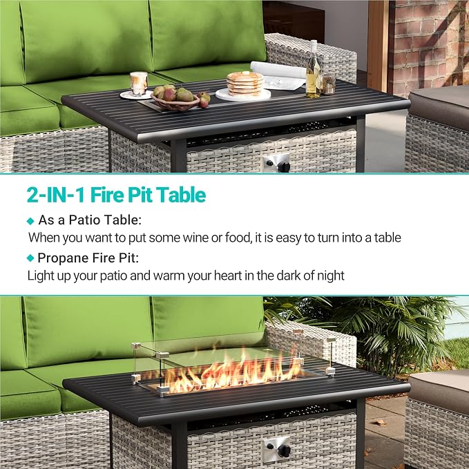 8-Piece Outdoor Patio Furniture Set with 55,000 BTU Fire Pit Table, PE Wicker Rattan Sectional Sofa Conversation Set - All-Weather Garden, Backyard Furniture, Avocado Green