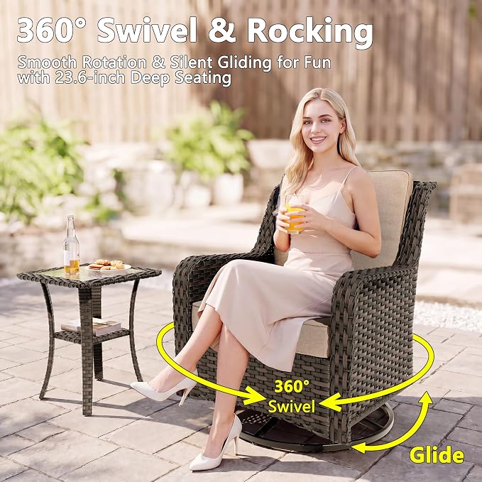 Gotland 7-Pcs Patio Conversation Set, Outdoor Thick Wicker Sectional Sofas with 2 Swivel Rocker Chairs, High Back Sectional Couch, Outdoor Furniture Set for Backyard, Deck, Porch, Khaki