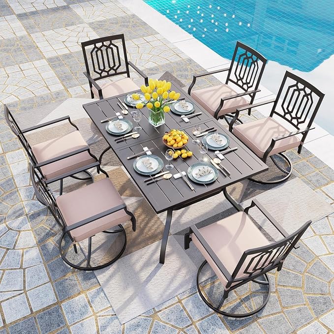 PHI VILLA 7 Pcs Patio Dining Set for 6,60" Steel Table& Swivel Chairs | Rectangular Dining Table and 6 Swivel Patio Dining Chairs w/ cushions for Outdoor Backyard Bistro Furniture Set