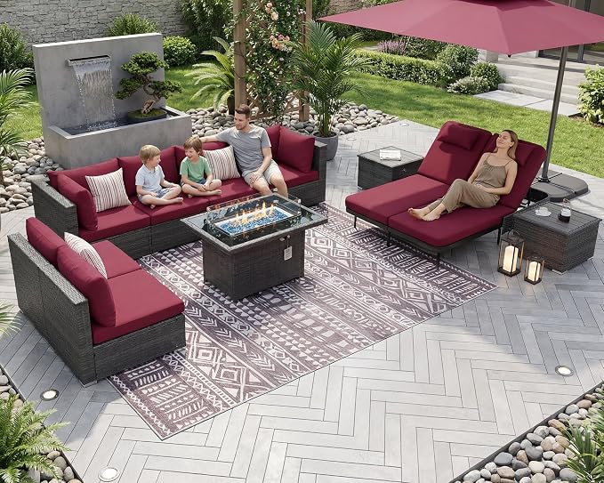 NICESOUL 11 Piece Outdoor Furniture Set with Fire Pit, 29.3'' High Back Patio Sectional with Fire Pit & Chaise Lounge, 500 lbs Heavy Duty Large Deep Couches, 2 Color Cushion Burgundy & Gray