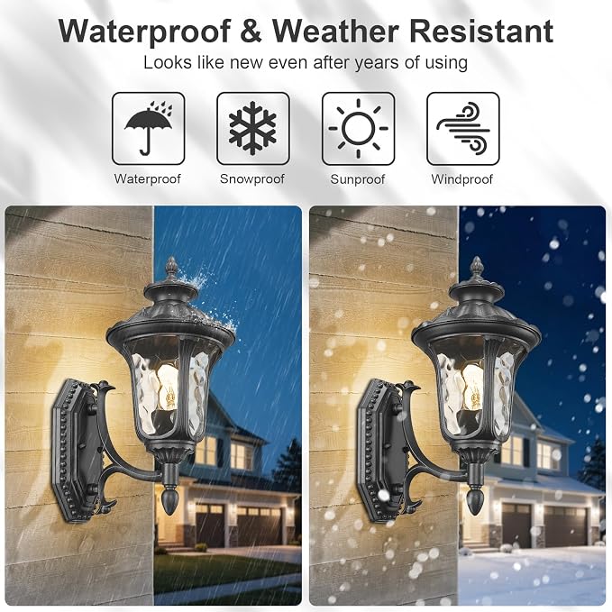 Outdoor Light Fixtures Wall Mount, Waterproof Exterior Wall Lanterns with Waer Ripple Glass, Outside Sconces, Front Porch Lights for House Garage Doorway Patio, 15'' Small Black
