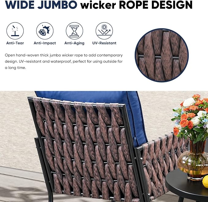 JOYURE 3-Piece Patio Furniture Set, Armchairs with Coffee Table,Modern Wicker Outdoor Conversation Set with Waterproof Thick Cushion for Deck,Backyard,Porch,Navy