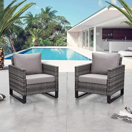 Belord Oversize Patio Chairs Set of 2 Outdoor Wicker Dining Chairs, All-Weather Rattan Patio Club Chair Furniture Sets with Water-Resistant Cushion Anti-Rust Frame Gray