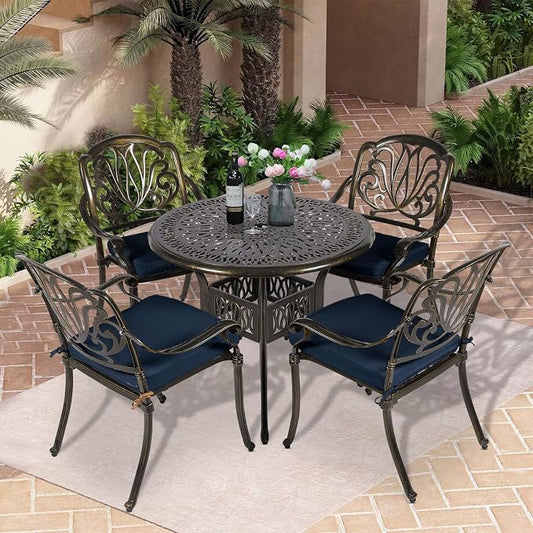 5-Piece Outdoor Patio Dining Set, All-Weather Cast Aluminum Patio Table Set, Include 4 Cushioned Chairs and a 35.4 inch Round Table w/Umbrella Hole for Balcony Garden Backyard, Navy Blue